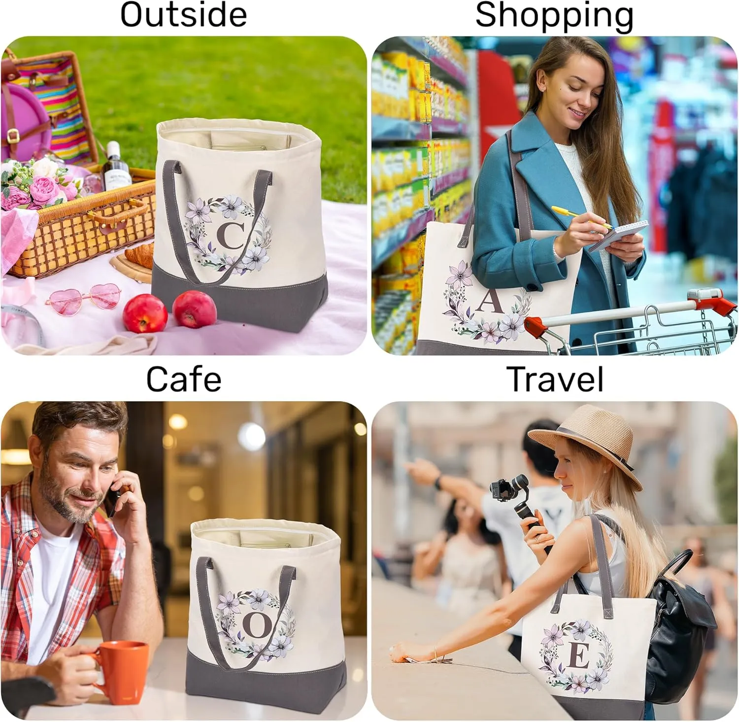 HIFA Initial Tote Bag for Women, Personalized Canvas Tote Bag -Durable Cotton, Zipper, Inner Pocket-Multipurpose Shoulder Bag