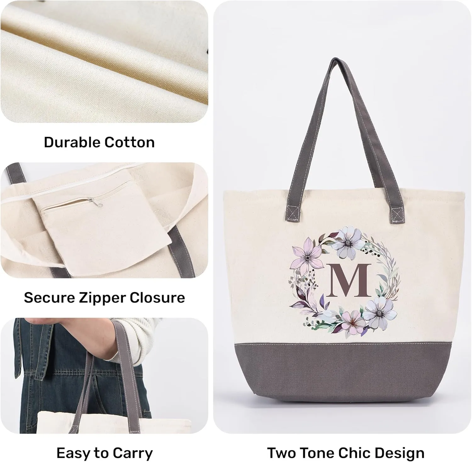 HIFA Initial Tote Bag for Women, Personalized Canvas Tote Bag -Durable Cotton, Zipper, Inner Pocket-Multipurpose Shoulder Bag
