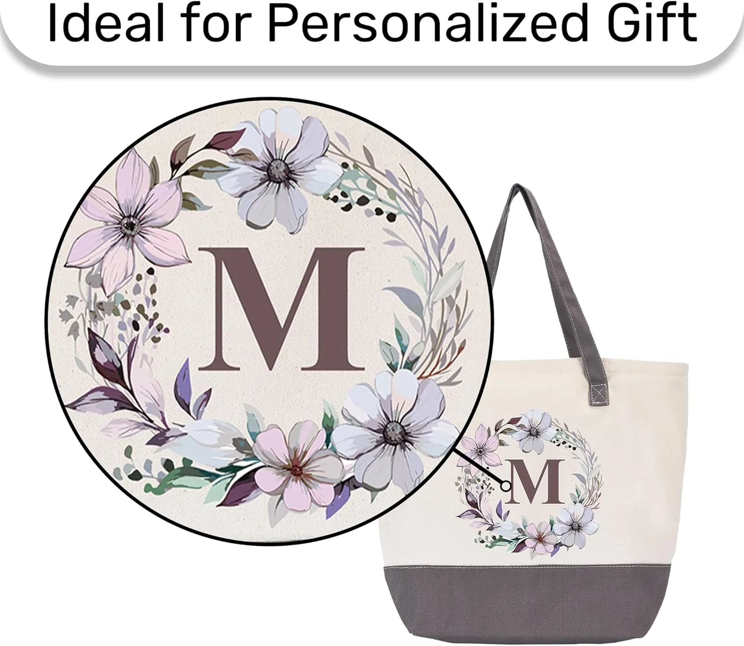 HIFA Initial Tote Bag for Women, Personalized Canvas Tote Bag -Durable Cotton, Zipper, Inner Pocket-Multipurpose Shoulder Bag