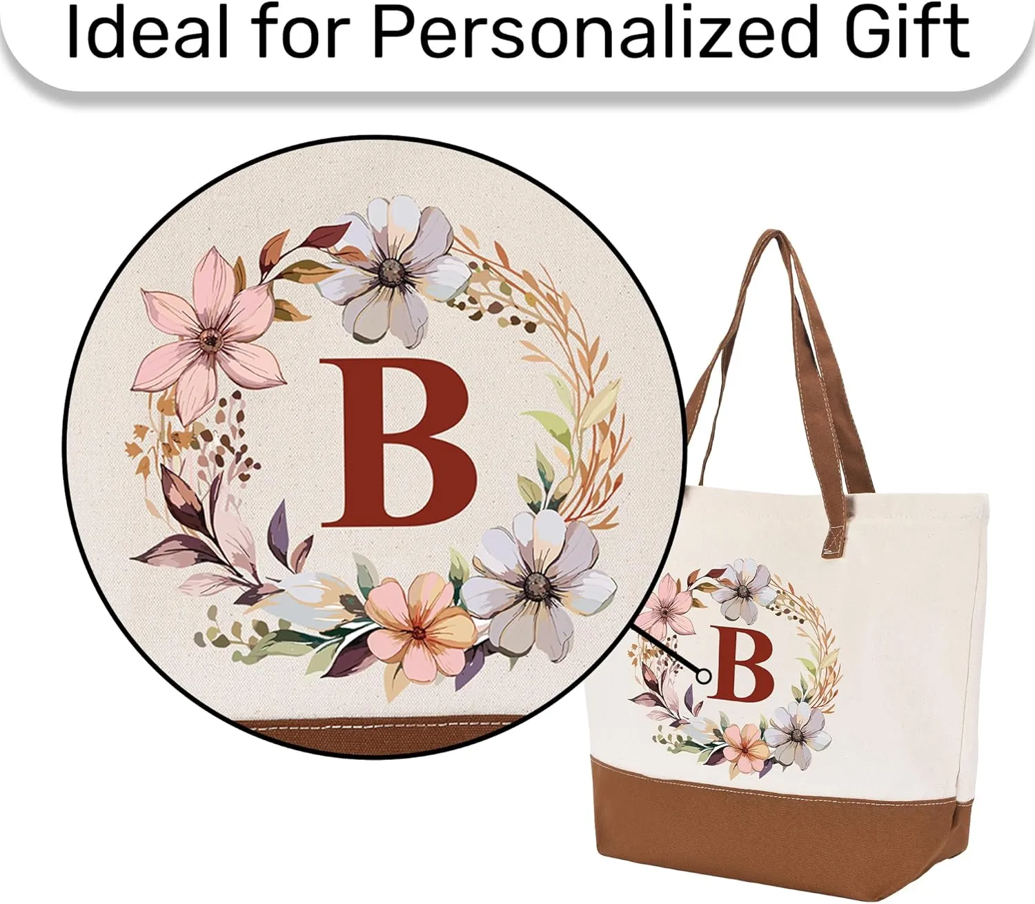 HIFA Initial Tote Bag for Women, Personalized Canvas Tote Bag -Durable Cotton, Zipper, Inner Pocket-Multipurpose Shoulder Bag
