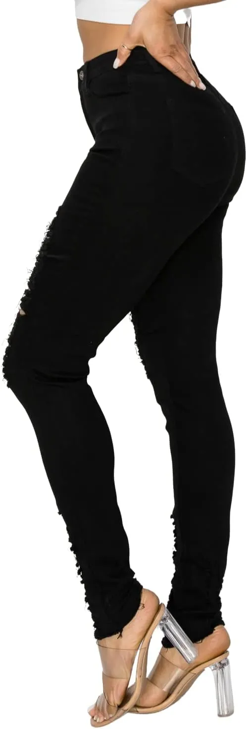 High Waisted-Rise Colored Stretch Skinny Destroyed Ripped Distressed Jeans for Women Olive Mustard RED