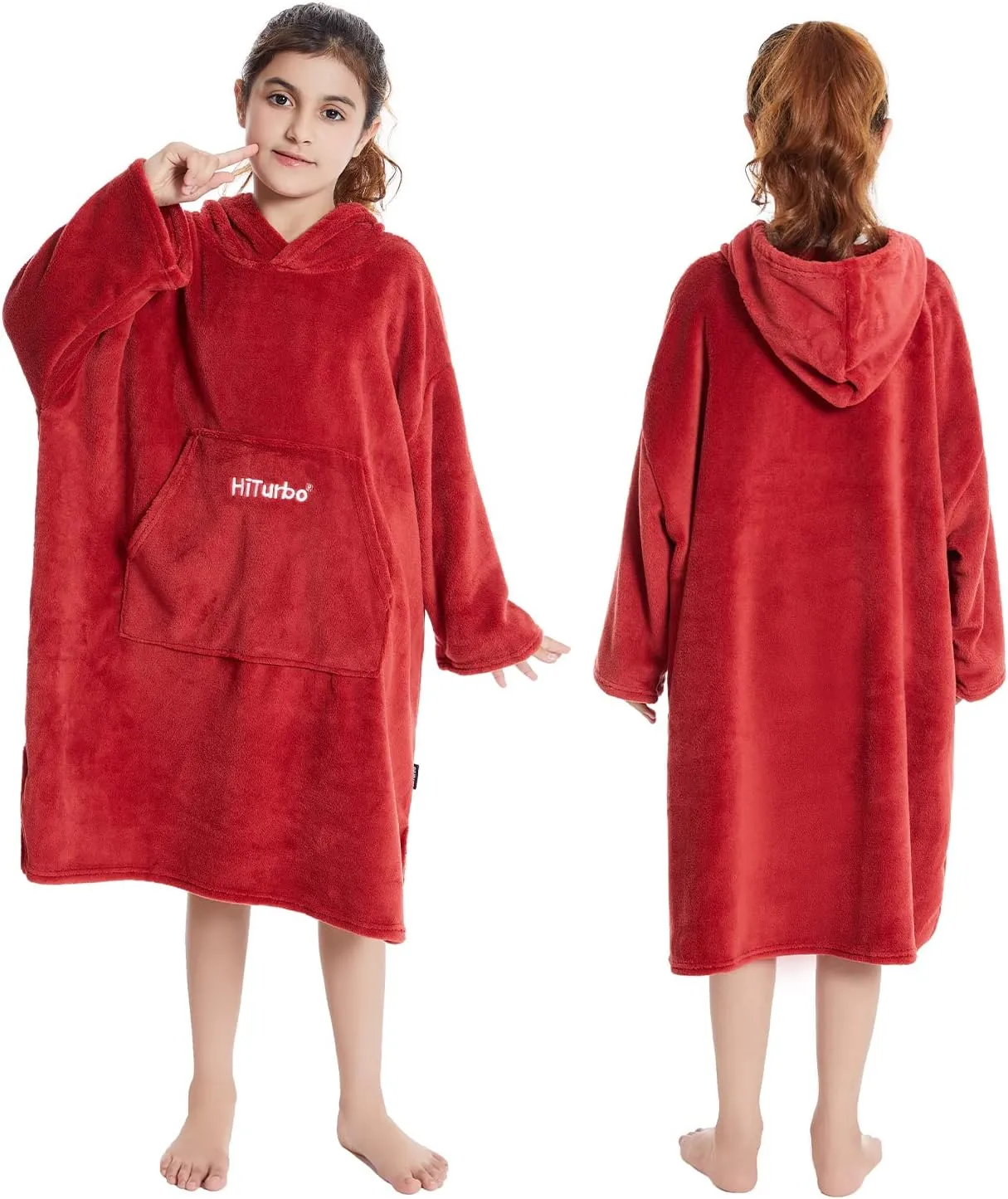 Hiturbo Kids Towel Changing Robe: Soft Plush Wearable Blanket - Warm Coral Fleece Hoodie - Swim Surf Poncho for 5-12 Years (Red)