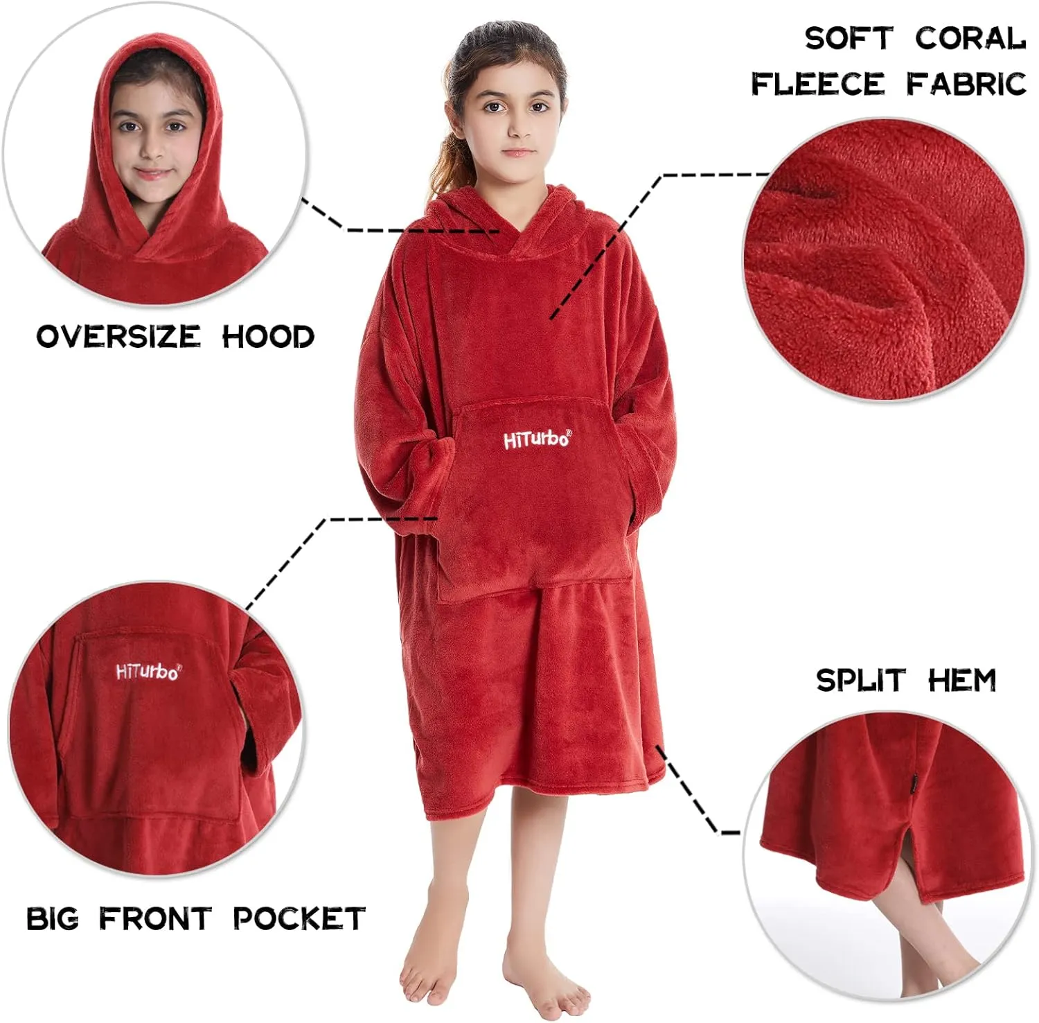 Hiturbo Kids Towel Changing Robe: Soft Plush Wearable Blanket - Warm Coral Fleece Hoodie - Swim Surf Poncho for 5-12 Years (Red)