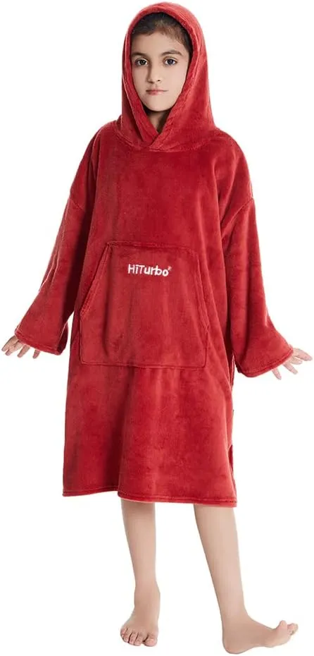 Hiturbo Kids Towel Changing Robe: Soft Plush Wearable Blanket - Warm Coral Fleece Hoodie - Swim Surf Poncho for 5-12 Years (Red)