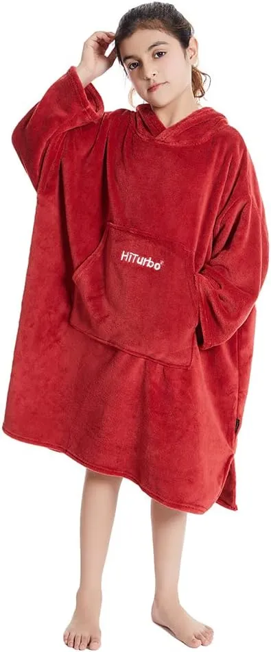 Hiturbo Kids Towel Changing Robe: Soft Plush Wearable Blanket - Warm Coral Fleece Hoodie - Swim Surf Poncho for 5-12 Years (Red)