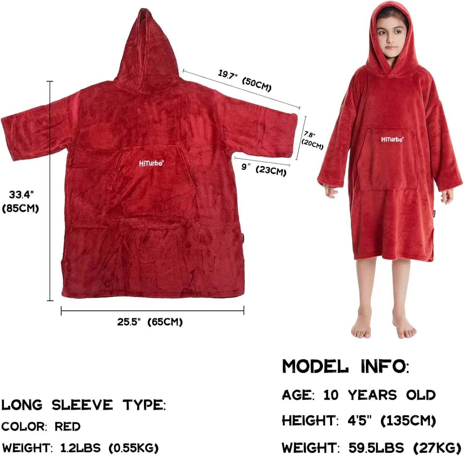 Hiturbo Kids Towel Changing Robe: Soft Plush Wearable Blanket - Warm Coral Fleece Hoodie - Swim Surf Poncho for 5-12 Years (Red)