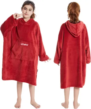 Hiturbo Kids Towel Changing Robe: Soft Plush Wearable Blanket - Warm Coral Fleece Hoodie - Swim Surf Poncho for 5-12 Years (Red)