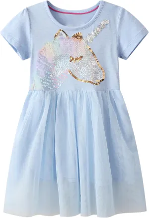 Hongshilian Toddler Girls Cotton Casual Dress Cartoon Print Short Sleeve Dress Girls Summer Sundress 2-7 Years