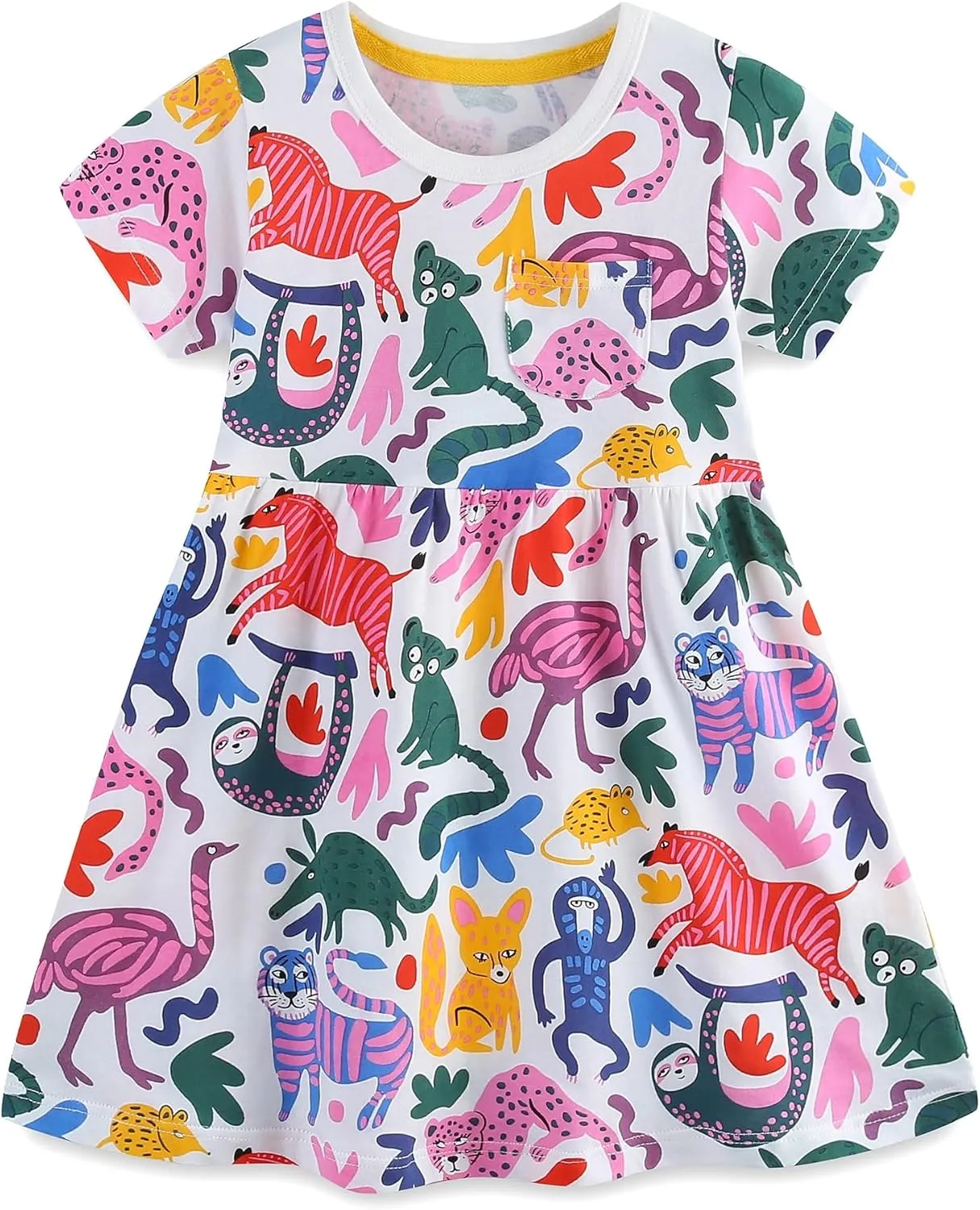 Hongshilian Toddler Girls Cotton Casual Dress Cartoon Print Short Sleeve Dress Girls Summer Sundress 2-7 Years