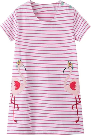 Hongshilian Toddler Girls Cotton Casual Dress Cartoon Print Short Sleeve Dress Girls Summer Sundress 2-7 Years