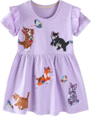 Hongshilian Toddler Girls Cotton Casual Dress Cartoon Print Short Sleeve Dress Girls Summer Sundress 2-7 Years