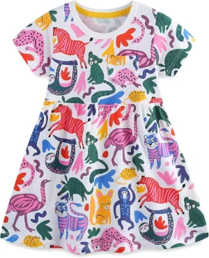 Hongshilian Toddler Girls Cotton Casual Dress Cartoon Print Short Sleeve Dress Girls Summer Sundress 2-7 Years