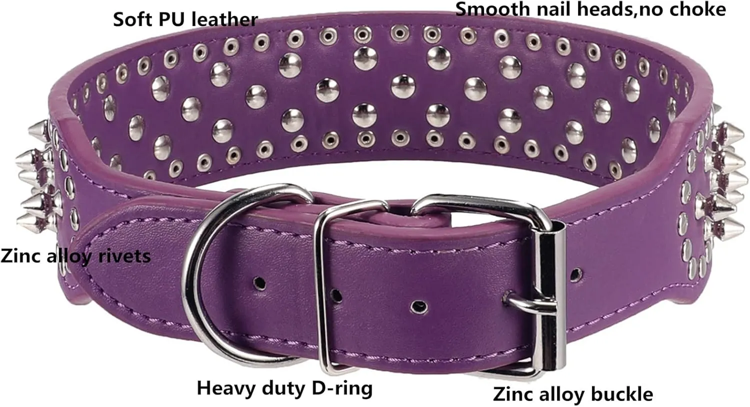 Hoot PU Leather Adjustable Spiked Studded Dog Collar 2" Wide 37 Spikes (M(Neck 19"-22"), Purple)