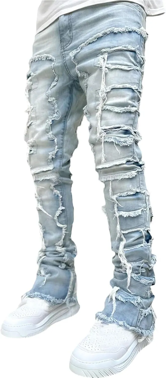 Hulpvktsgiq Men's Regular Fit Stacked Jeans Patch Ripped Skinny Distressed Destroyed Straight Denim Pants Streetwear Clothes