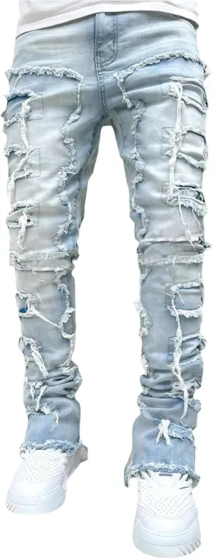 Hulpvktsgiq Men's Regular Fit Stacked Jeans Patch Ripped Skinny Distressed Destroyed Straight Denim Pants Streetwear Clothes