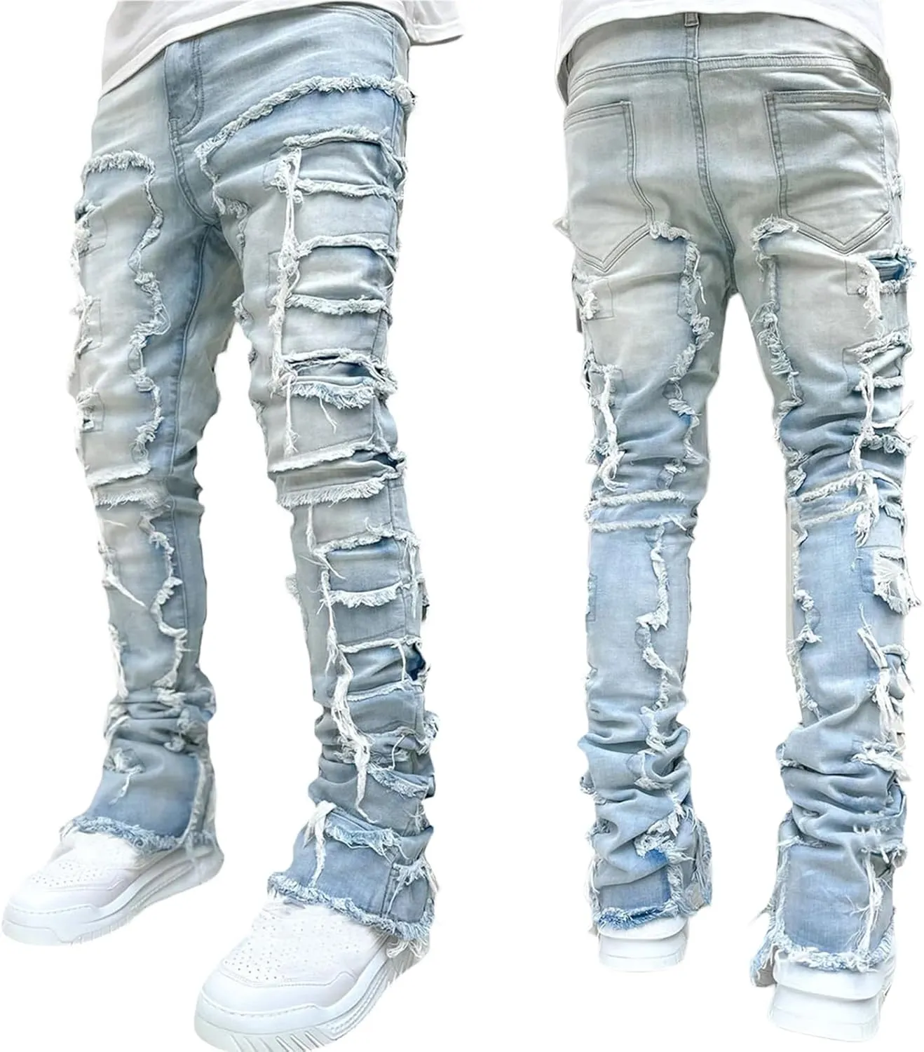 Hulpvktsgiq Men's Regular Fit Stacked Jeans Patch Ripped Skinny Distressed Destroyed Straight Denim Pants Streetwear Clothes