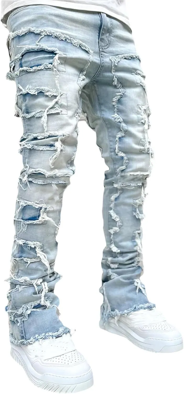 Hulpvktsgiq Men's Regular Fit Stacked Jeans Patch Ripped Skinny Distressed Destroyed Straight Denim Pants Streetwear Clothes