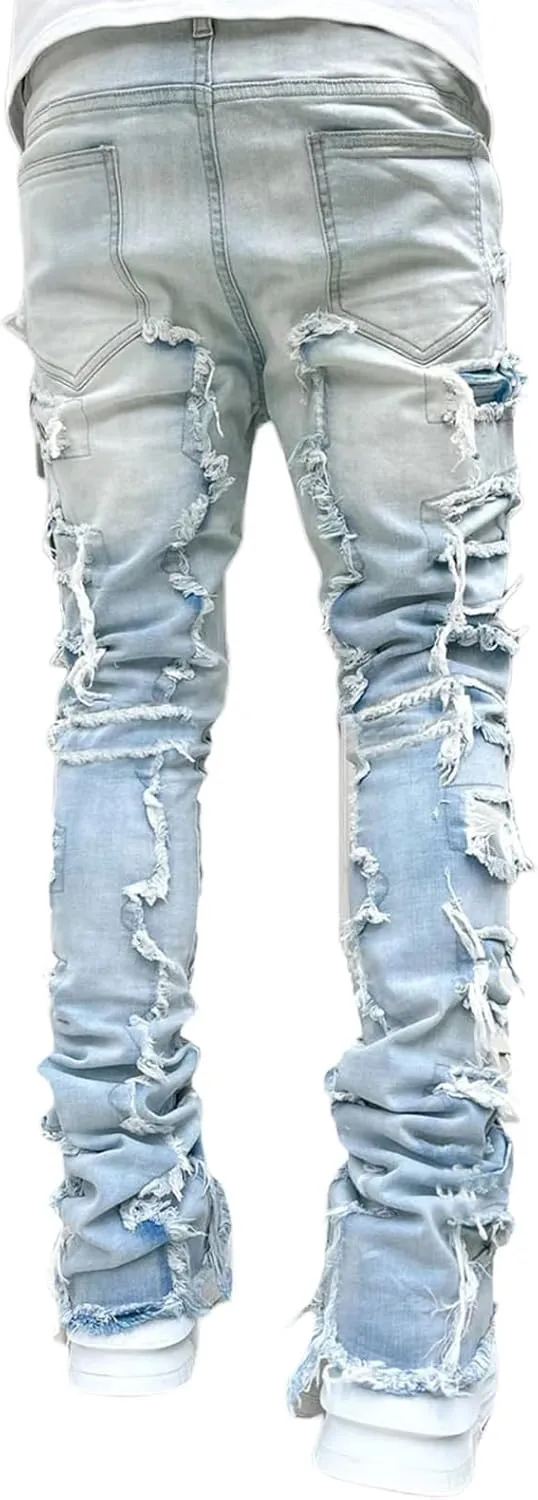 Hulpvktsgiq Men's Regular Fit Stacked Jeans Patch Ripped Skinny Distressed Destroyed Straight Denim Pants Streetwear Clothes