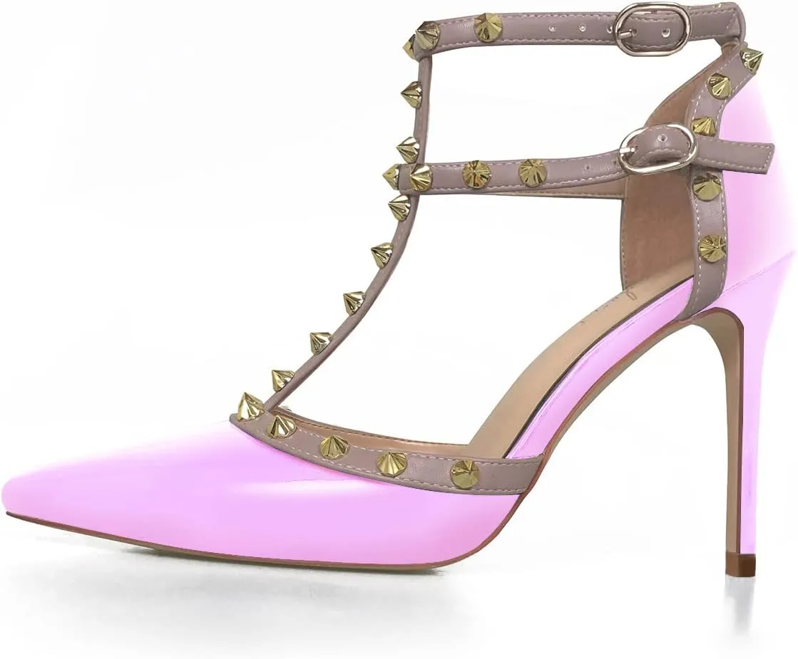 iadore Vegan Shoes 10 cm/3.94 inch Rivet Pearl Sandals for Women Party Ankle T Strap Sexy Ladies Studded Pumps Heeled Sandals