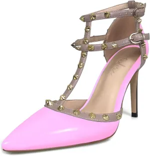 iadore Vegan Shoes 10 cm/3.94 inch Rivet Pearl Sandals for Women Party Ankle T Strap Sexy Ladies Studded Pumps Heeled Sandals