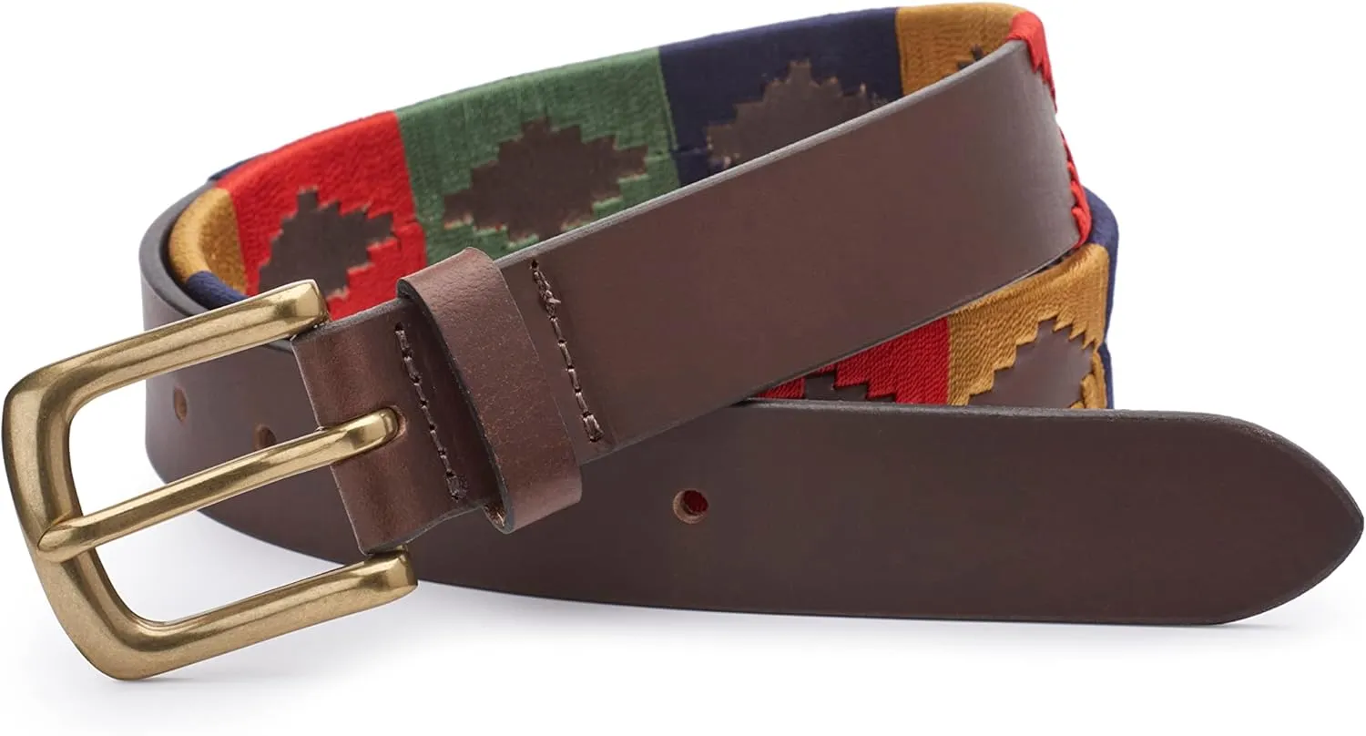 Ibex England | Brown & Multicolour Embroidered | Men's Leather Polo Belt | 35MM Wide | Gift For Him