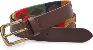 Ibex England | Brown & Multicolour Embroidered | Men's Leather Polo Belt | 35MM Wide | Gift For Him