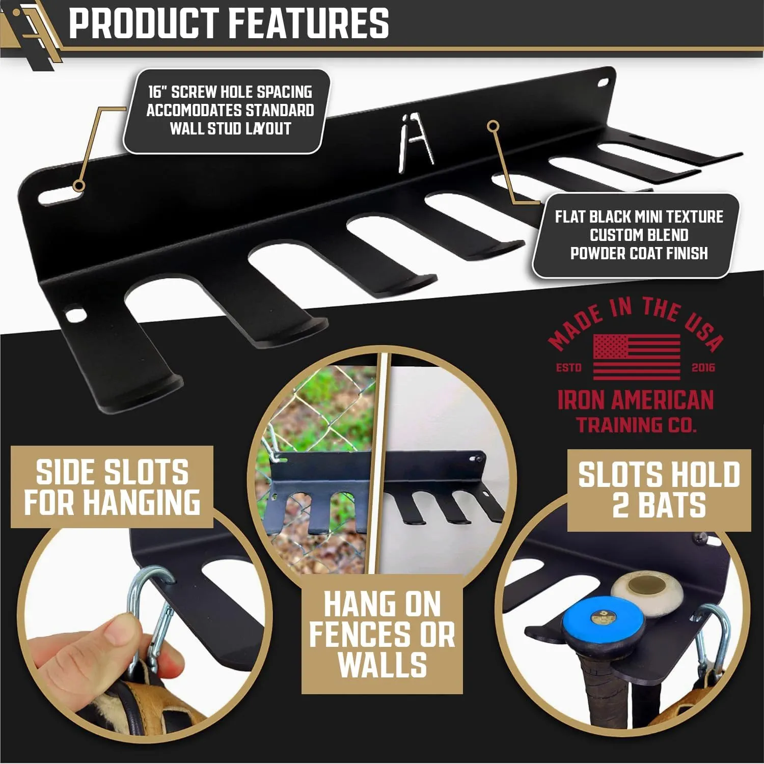 IRON AMERICAN Baseball Bat Storage Rack - Wall Mounted - Holds 14 Bats - Bat Organizer for Dugout or Home - 16.75" x 4.3" x 2" - Hangs Bats, Gloves, Bags & Balls - Made in USA - Hardware Incl. - 2pk