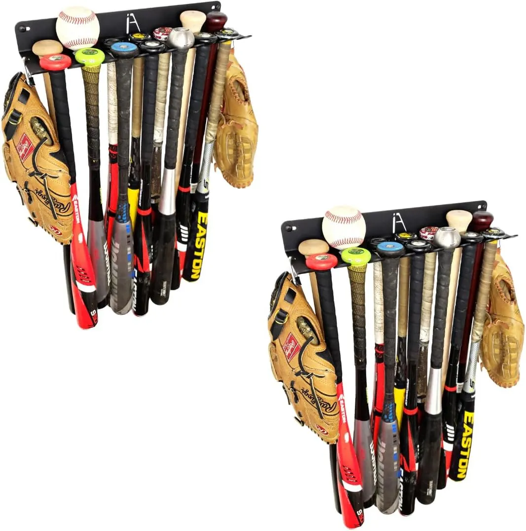 IRON AMERICAN Baseball Bat Storage Rack - Wall Mounted - Holds 14 Bats - Bat Organizer for Dugout or Home - 16.75" x 4.3" x 2" - Hangs Bats, Gloves, Bags & Balls - Made in USA - Hardware Incl. - 2pk