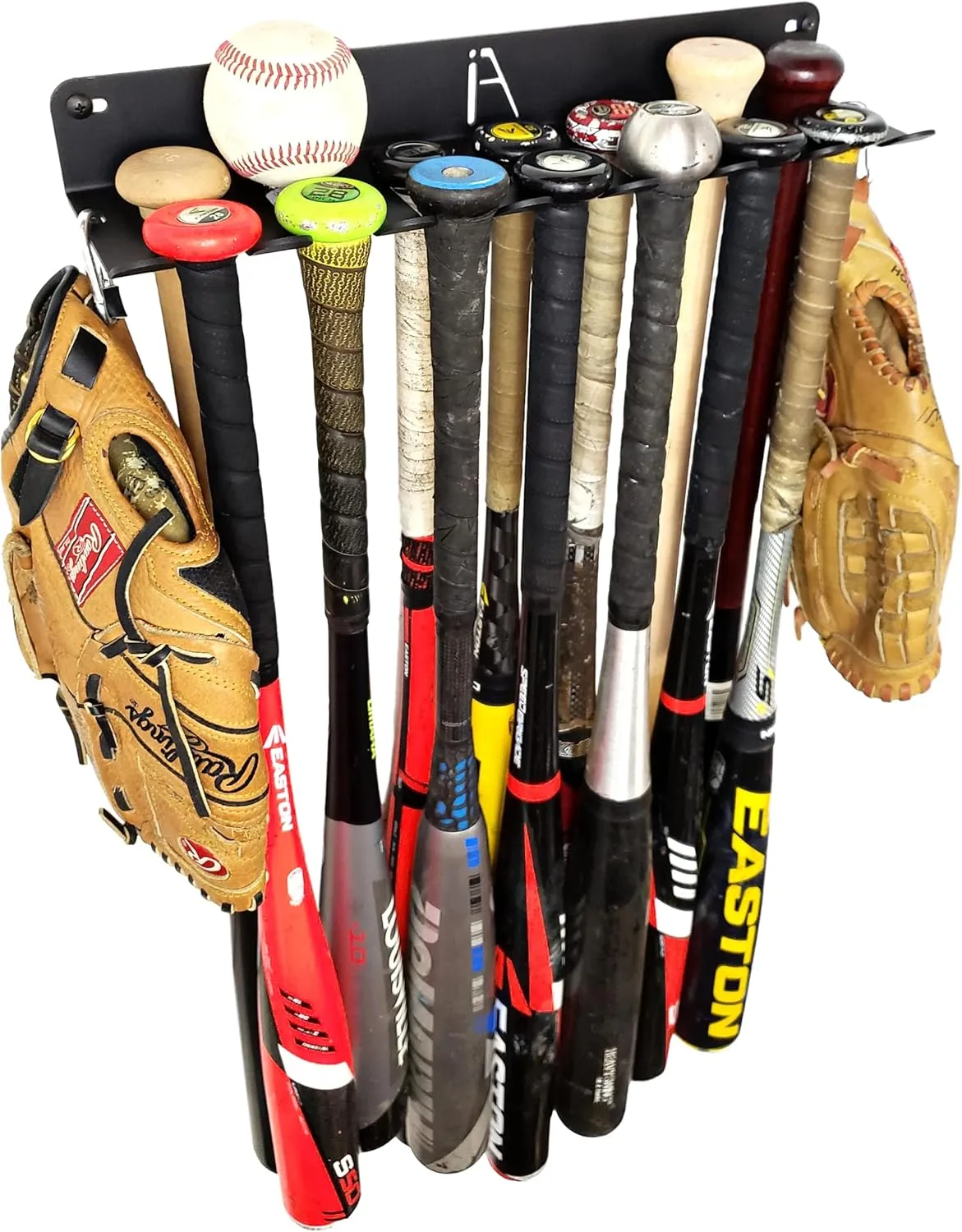 IRON AMERICAN Baseball Bat Storage Rack - Wall Mounted - Holds 14 Bats - Bat Organizer for Dugout or Home - 16.75" x 4.3" x 2" - Hangs Bats, Gloves, Bags & Balls - Made in USA - Hardware Incl. - 2pk
