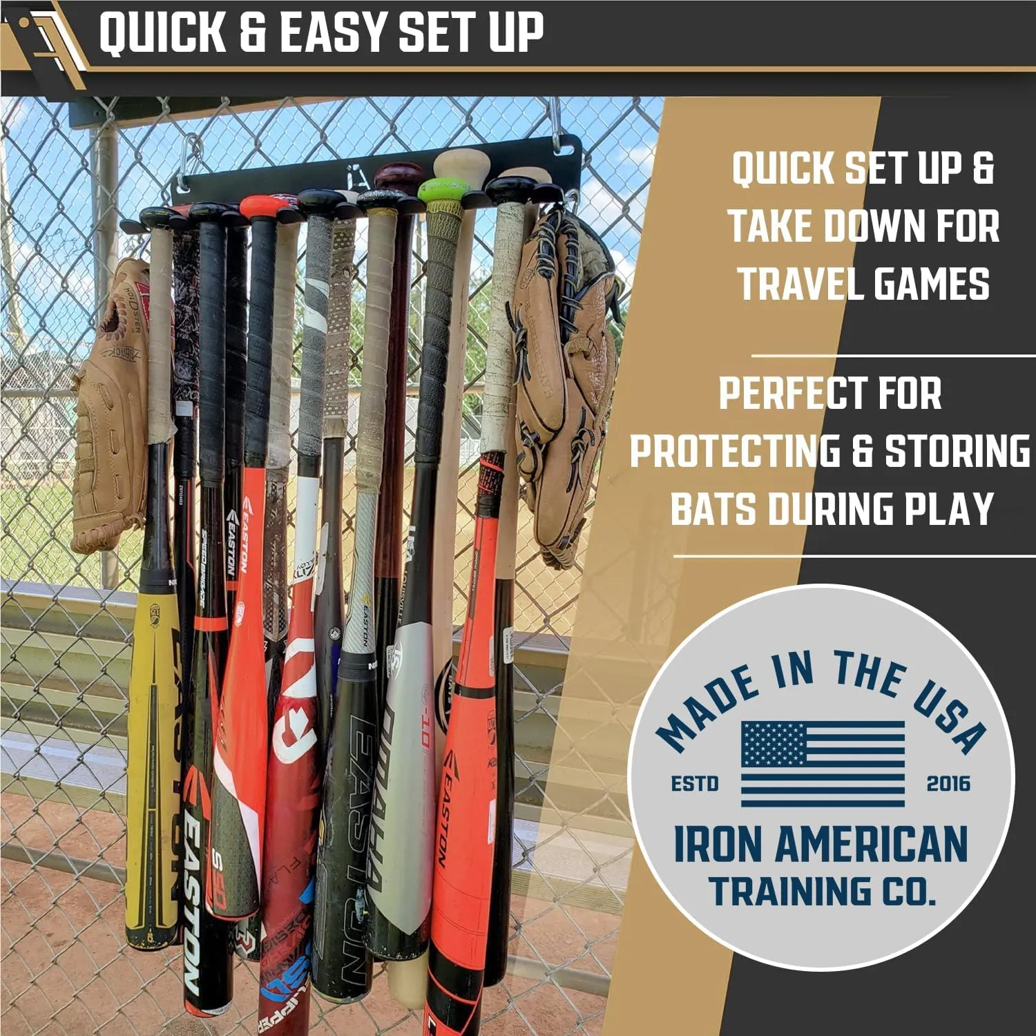 IRON AMERICAN Baseball Bat Storage Rack - Wall Mounted - Holds 14 Bats - Bat Organizer for Dugout or Home - 16.75" x 4.3" x 2" - Hangs Bats, Gloves, Bags & Balls - Made in USA - Hardware Incl. - 2pk