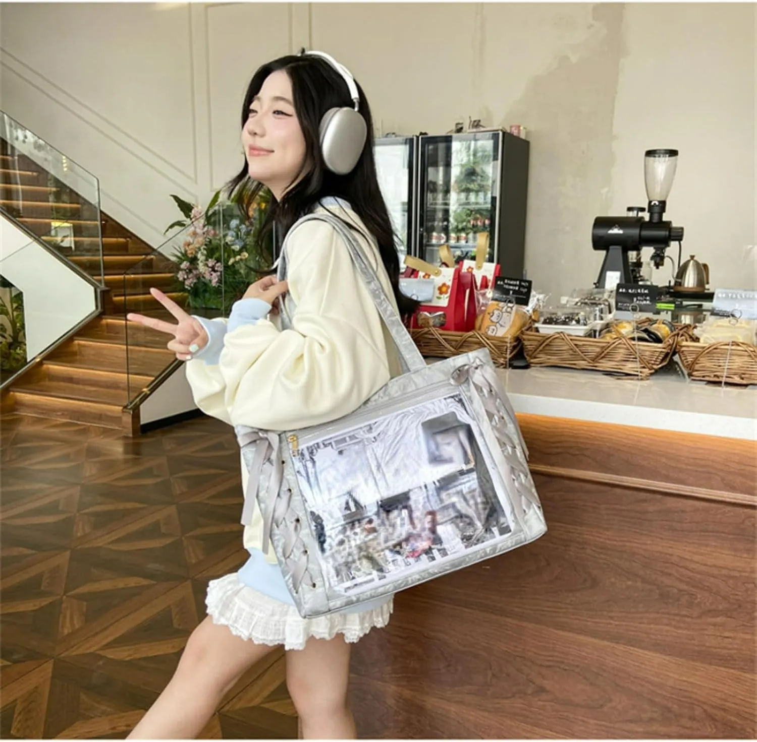 Ita Bag, Cute Bag, Kawaii Large Capacity Transparent Tote with Ribbon Bow
