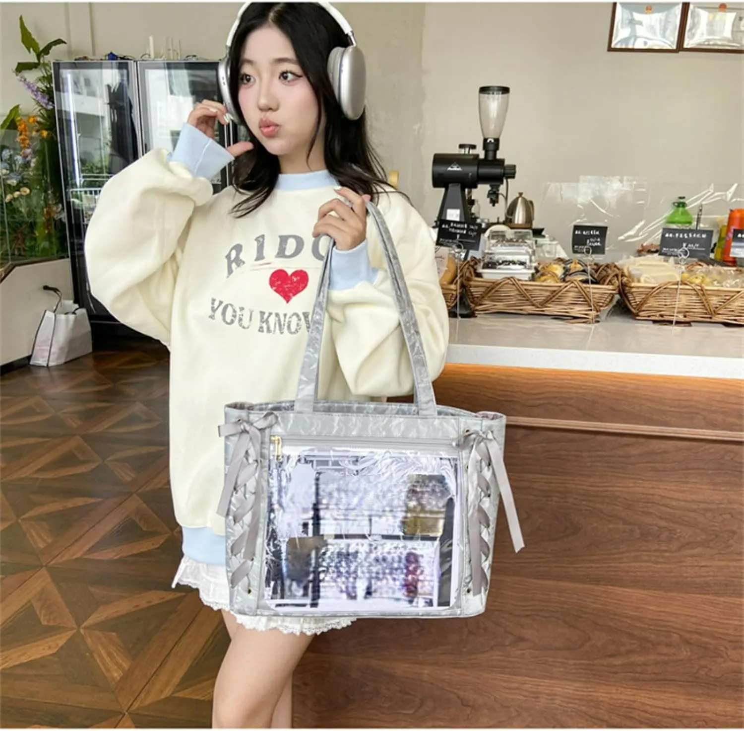Ita Bag, Cute Bag, Kawaii Large Capacity Transparent Tote with Ribbon Bow