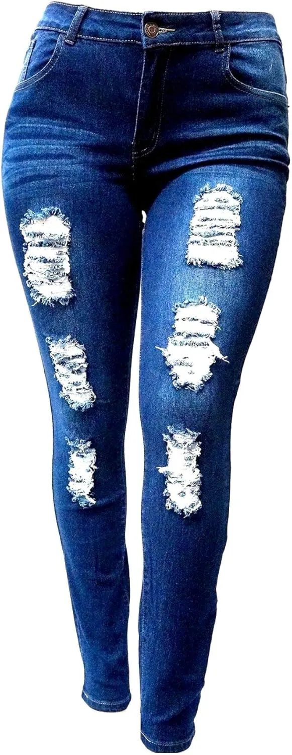 Jack David Womens Plus Size Denim Skinny Jeans Destroy Stretch Ripped Distressed Pants