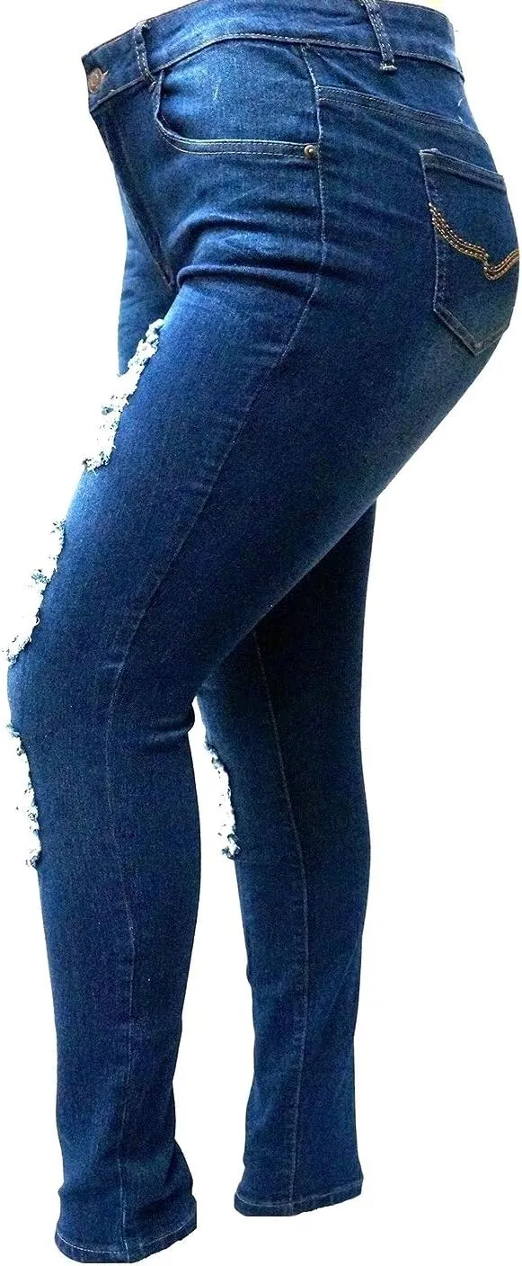 Jack David Womens Plus Size Denim Skinny Jeans Destroy Stretch Ripped Distressed Pants