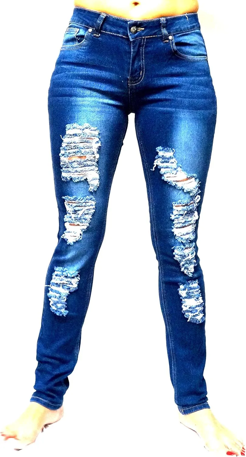 Jack David/Pasion/U.W.D Womens Distressed Denim Jeans Ripped Blue Skinny Destroy Stretch Jean Pants