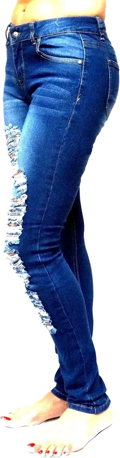 Jack David/Pasion/U.W.D Womens Distressed Denim Jeans Ripped Blue Skinny Destroy Stretch Jean Pants