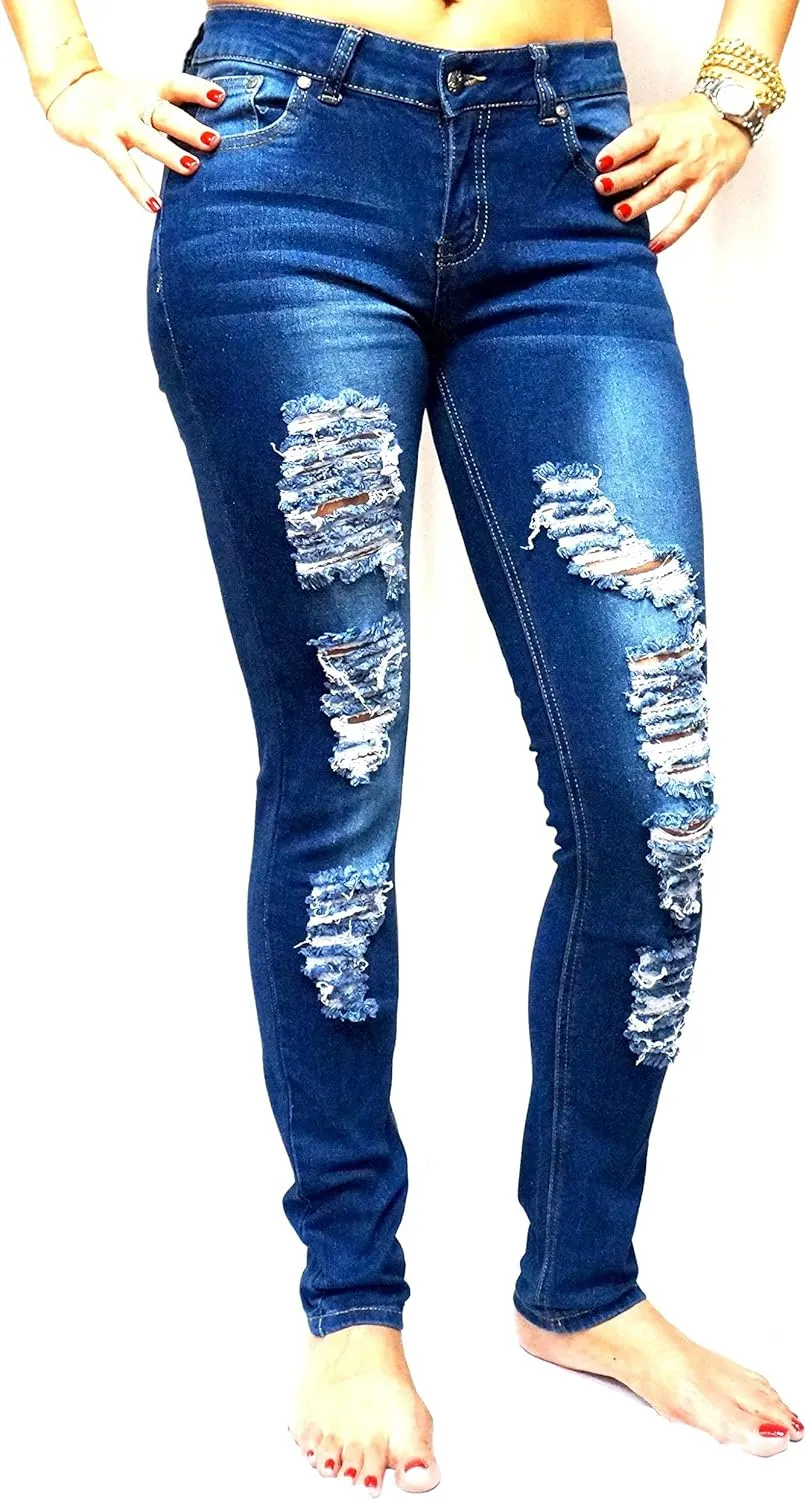 Jack David/Pasion/U.W.D Womens Distressed Denim Jeans Ripped Blue Skinny Destroy Stretch Jean Pants