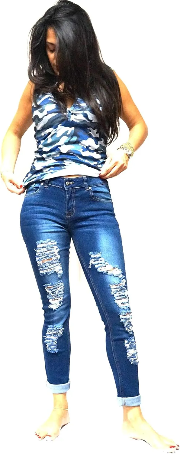 Jack David/Pasion/U.W.D Womens Distressed Denim Jeans Ripped Blue Skinny Destroy Stretch Jean Pants