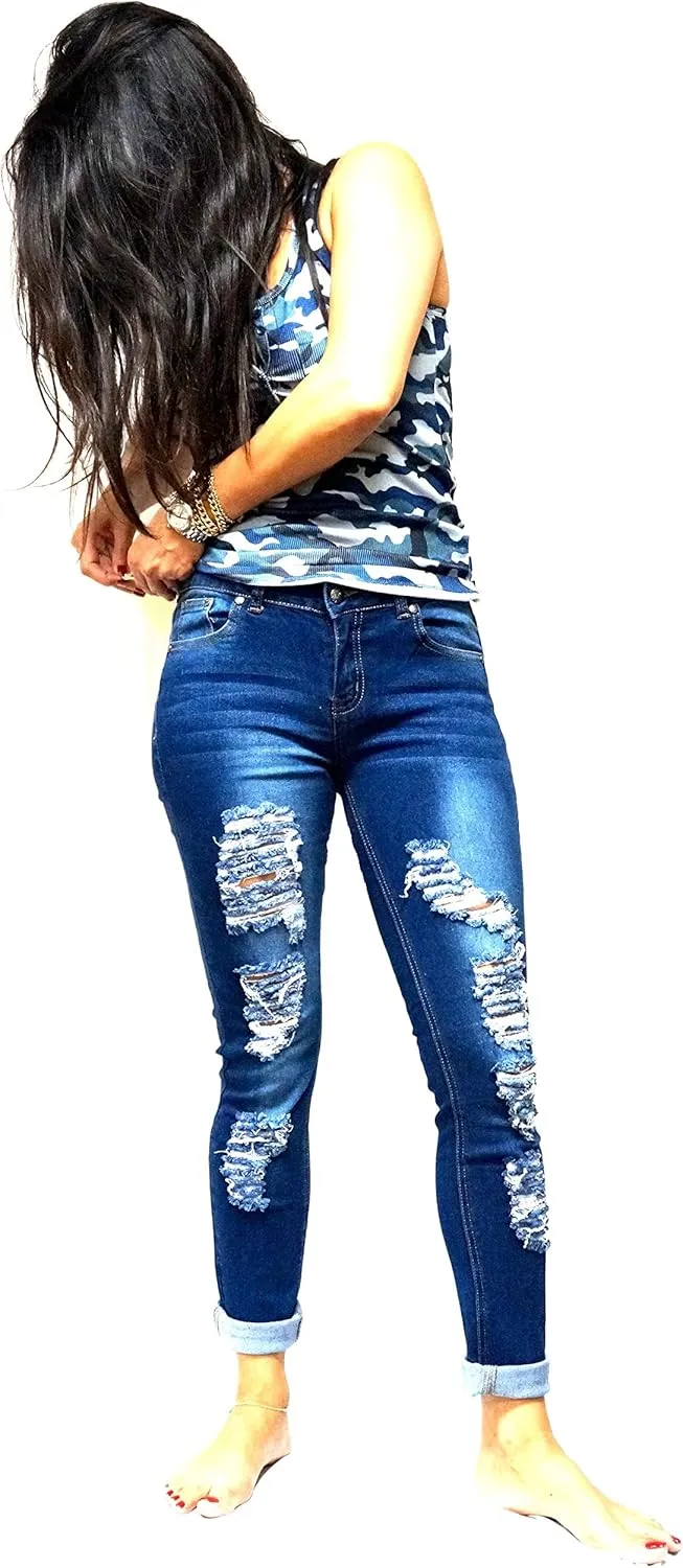Jack David/Pasion/U.W.D Womens Distressed Denim Jeans Ripped Blue Skinny Destroy Stretch Jean Pants