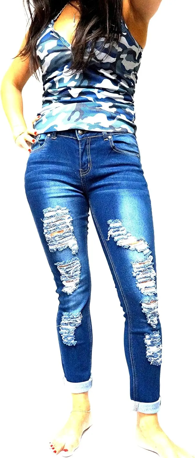 Jack David/Pasion/U.W.D Womens Distressed Denim Jeans Ripped Blue Skinny Destroy Stretch Jean Pants