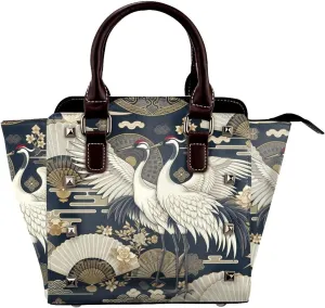 Japan-Cranes-Longevity Pu Leather Crossbody Studded Bag, Fashionable Shoulder Handbag With Detachable Shoulder Strap