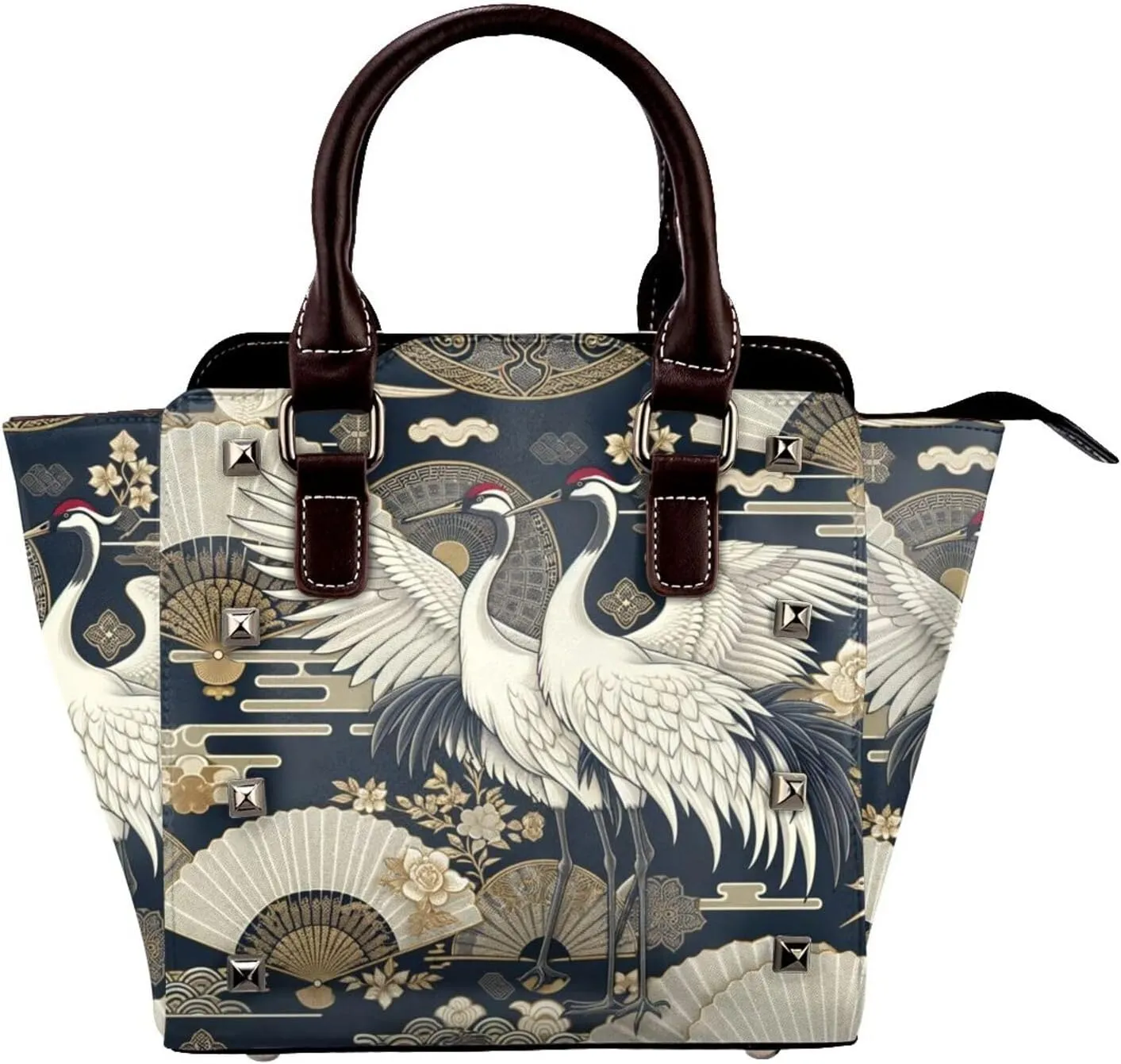 Japan-Cranes-Longevity Pu Leather Crossbody Studded Bag, Fashionable Shoulder Handbag With Detachable Shoulder Strap