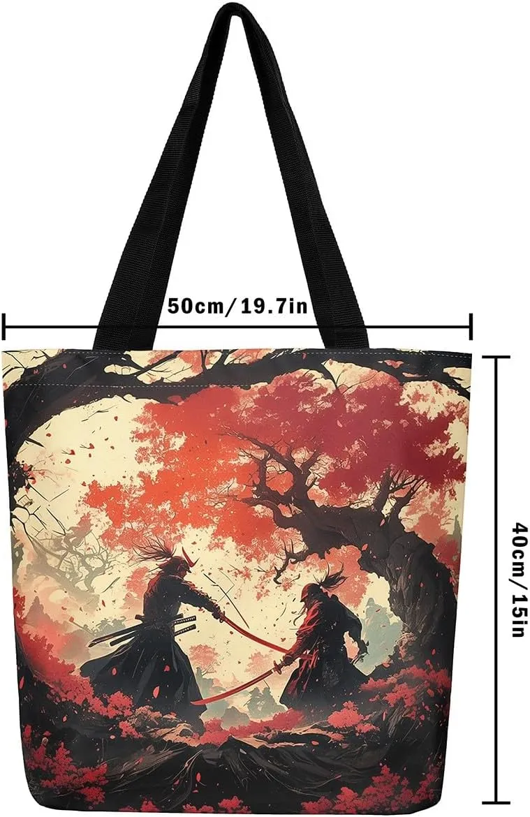 Japanese Shopping Handbag Ocean Waves Nautical Canvas Tote Bag Cherry Blossom Mount Fuji Reusable Grocery Bag