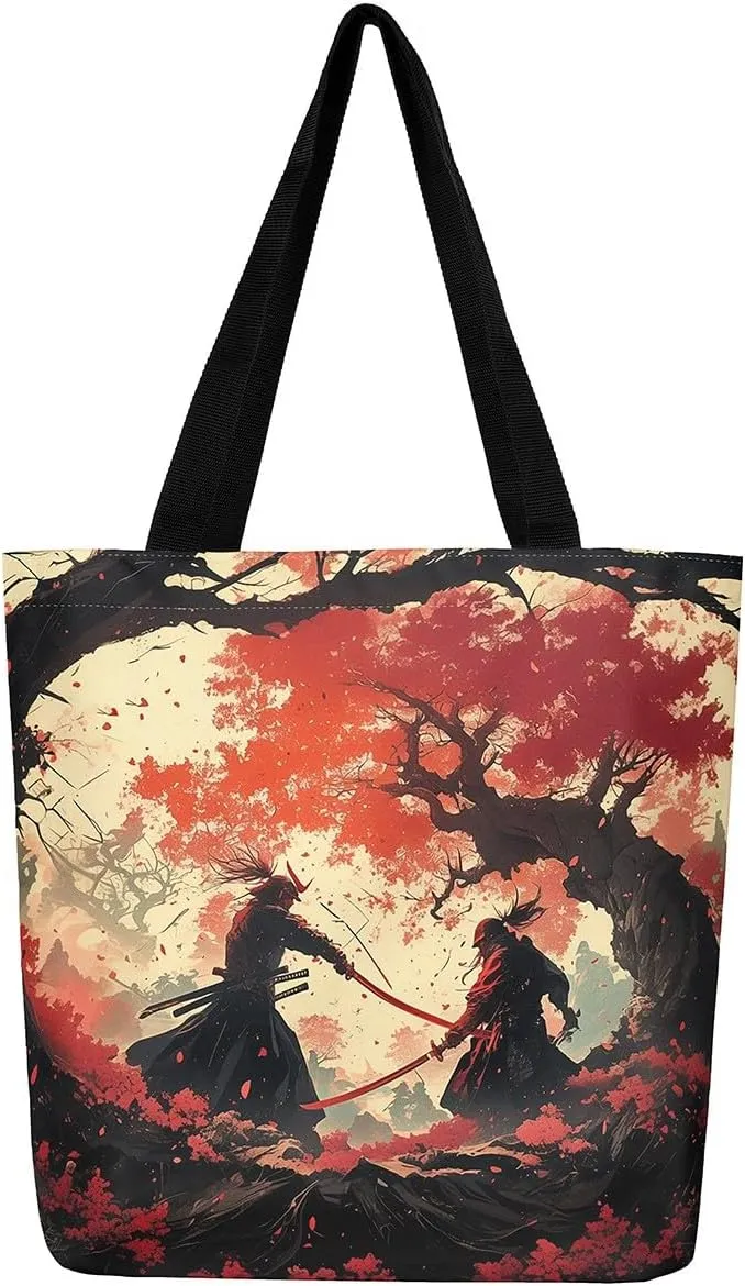 Japanese Shopping Handbag Ocean Waves Nautical Canvas Tote Bag Cherry Blossom Mount Fuji Reusable Grocery Bag