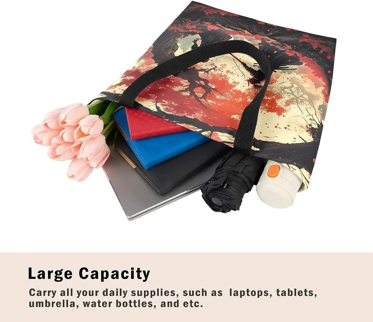 Japanese Shopping Handbag Ocean Waves Nautical Canvas Tote Bag Cherry Blossom Mount Fuji Reusable Grocery Bag