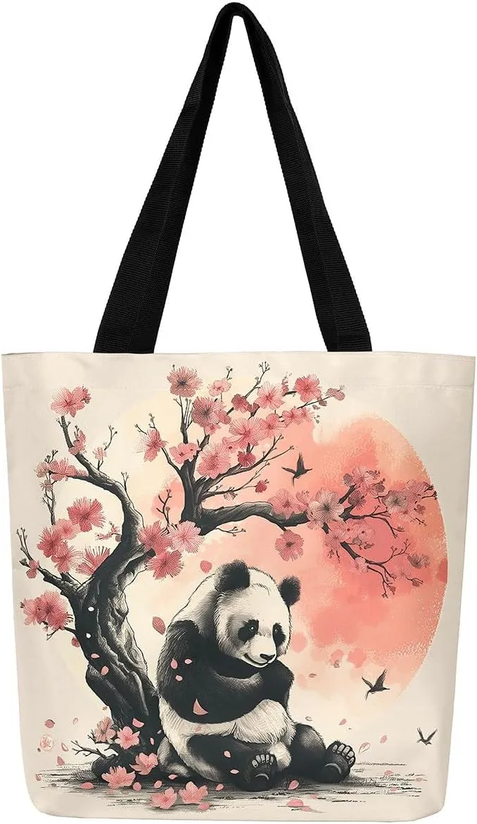 Japanese Shopping Handbag Ocean Waves Nautical Canvas Tote Bag Cherry Blossom Mount Fuji Reusable Grocery Bag