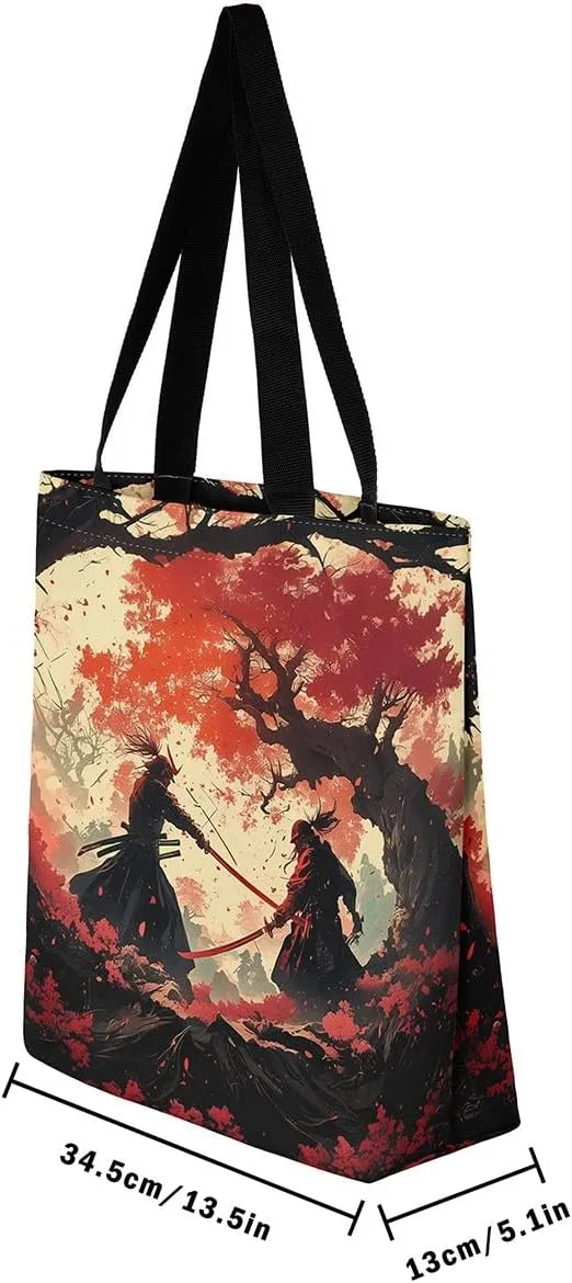 Japanese Shopping Handbag Ocean Waves Nautical Canvas Tote Bag Cherry Blossom Mount Fuji Reusable Grocery Bag