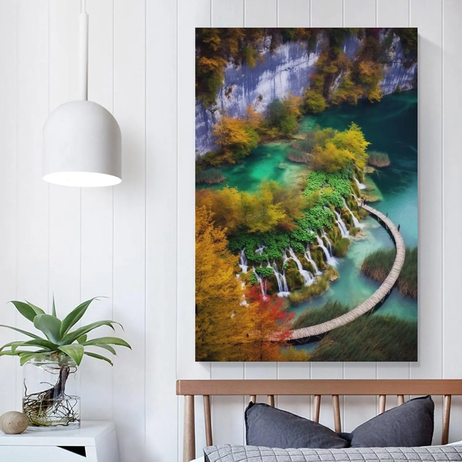josnmre Plank Road Fall Forest Waterfall River Landscape Nature Mountain Poster Canvas Wall Art Posters & Prints Hanging Painting for Bedroom Classroom Dorm Living Room Aesthetic Decor Mural Framed Un