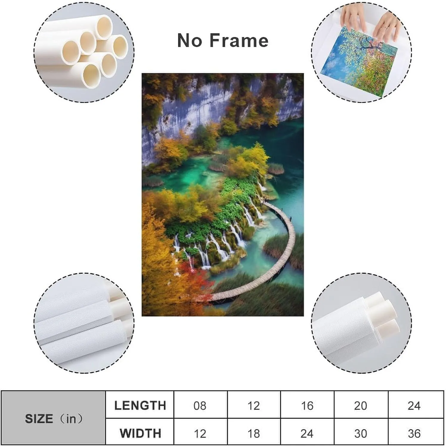 josnmre Plank Road Fall Forest Waterfall River Landscape Nature Mountain Poster Canvas Wall Art Posters & Prints Hanging Painting for Bedroom Classroom Dorm Living Room Aesthetic Decor Mural Framed Un
