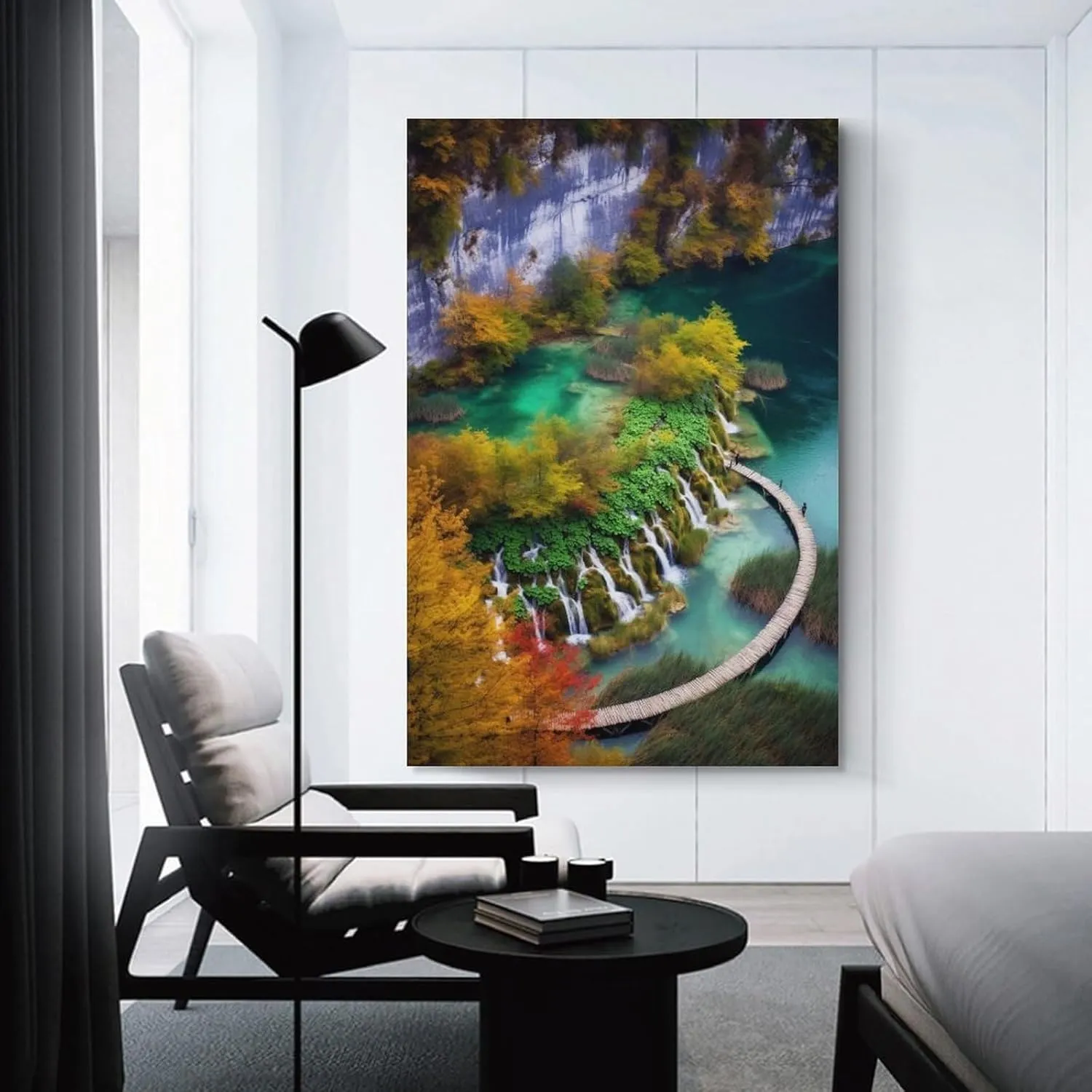 josnmre Plank Road Fall Forest Waterfall River Landscape Nature Mountain Poster Canvas Wall Art Posters & Prints Hanging Painting for Bedroom Classroom Dorm Living Room Aesthetic Decor Mural Framed Un